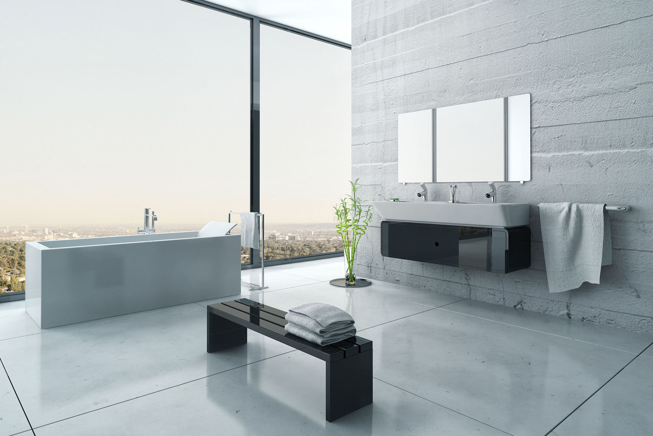 White bathroom interior with concrete walls and tiled floor