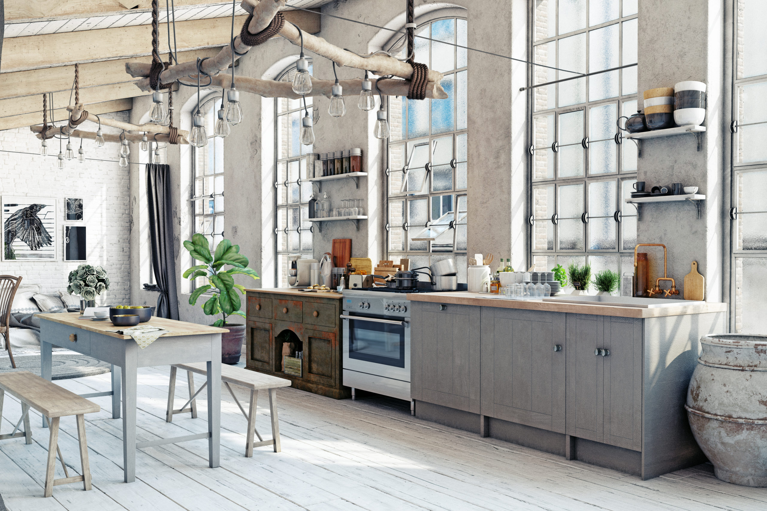 Attic loft kitchen interior.